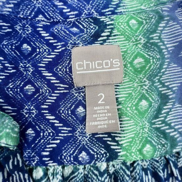 Chicos Blue/Green Diamond Pattern Button Down Size 2/L Roll Tab Sleeve - Picture 4 of 5